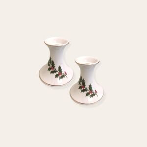 Christmas Decor Holly Design Porcelain Candlestick Holders
